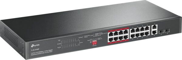TP-Link 16 Port 10/100Mbps Fast Ethernet PoE Switch | 16 PoE+ Ports @194W, w/ 2 Uplink Gigabit RJ45 Ports + 2 Combo SFP Slots | Plug & Play | Extend Mode | Priority Mode (TL-SL1218MP)